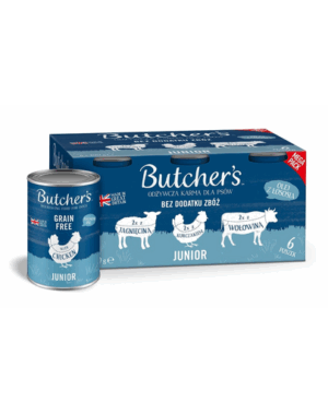 BUTCHER’S Original Junior Recipe in jelly hrana in aspic pentru catei 6×400 g bucati de miel, pui si vita