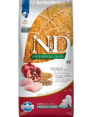 FARMINA N&D Ancestral Grain Puppy Medium&Maxi Chicken&Pomegranate hrana uscata caini juniori talie medie/mare, pui si rodie 12 kg