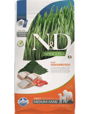 FARMINA N&D Spirulina Adult Medium&Maxi Herring & Wolfberry 2 kg Hrana pentru caine cu hering si spirulina