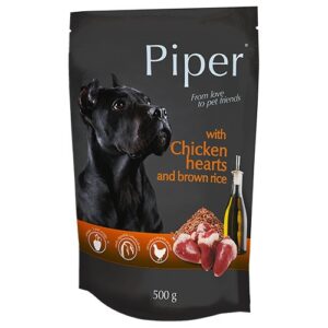 Hrana umeda pentru caini Piper Adult, Inimi de pui si Orez brun, set 5 X 500 g