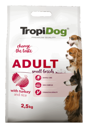 Hrana uscata pentru caini TropiDog, Premium Adult, tale mica, curcan & orez, 2.5kg