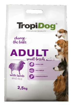 Hrana uscata pentru caini TropiDog, Premium Adult, tale mica, miel & orez, 2.5kg