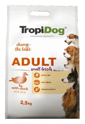 Hrana uscata pentru caini TropiDog, Premium Adult, tale mica, rata & orez, 2.5 kg