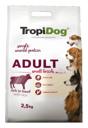 Hrana uscata pentru caini TropiDog, Premium Adult, tale mica, vita & orez, 2.5kg