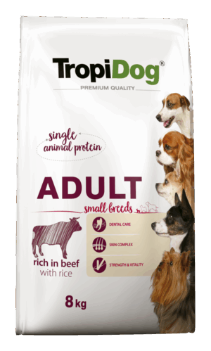 Hrana uscata pentru caini TropiDog, Premium Adult, tale mica, vita & orez, 8kg
