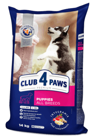 Hrană uscată pentru caței, toate rasele, CLUB 4 PAWS DRY FOOD, CU CONȚINUT RIDICAT DE PUI, 14 kg