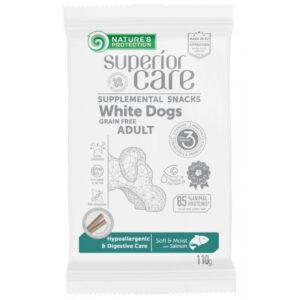 NATURES PROTECTION Superior Care blană albă, Somon, recompense funcționale hipoalergenice fără cereale câini, sensibilități digestive, 110g 110g
