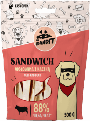 Recompense pentru caini Mr. Bandit SANDWICH, vita cu rata, 500g