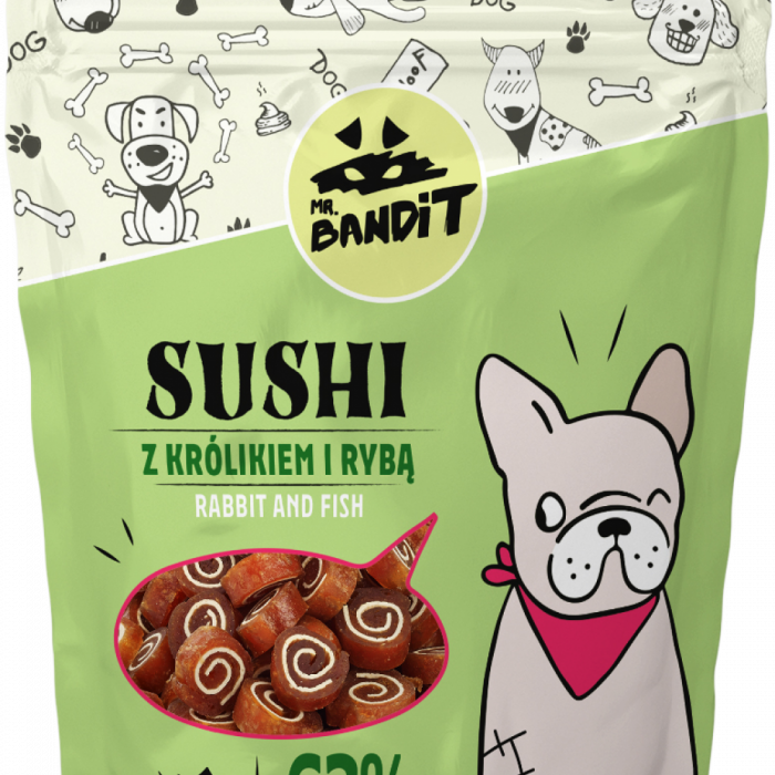 Recompense pentru caini Mr. Bandit SUSHI, iepure si peste, 80g