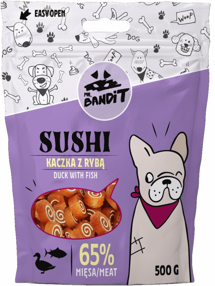 Recompense pentru caini Mr. Bandit SUSHI, rata si peste, 500g