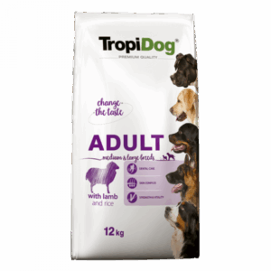 TropiDog, hrana uscata Premium Adult, pentru talie medie si mare, miel orez, 12 kg