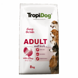 TropiDog, hrana uscata Premium Talie mica cu Curcan si orez, 8 kg
