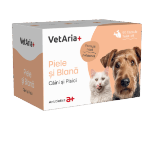 Supliment piele si blana pentru caini si pisici, VetAria+, 60 capsule, twist-off
