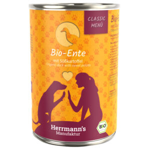 6x400g Rață bio cu cartofi dulci bio Menü Bio Clasic Herrmanns Hrană umedă câini