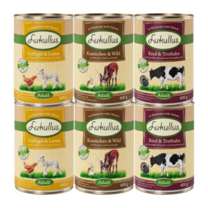 6x400g Vită & curcan, Pasăre & miel, Iepure & vânat Lukullus Câini