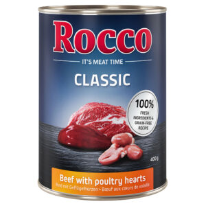 6x400g Vită și inimi de pasăre Rocco Classic hrană umedă pentru câini