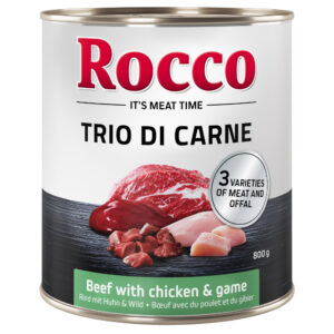6x800g Rocco Classic Trio di Carne Hrană câini – Vită, pui & vânat