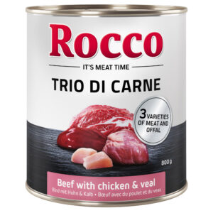 6x800g Rocco Classic Trio di Carne Hrană câini – Vită, pui & vițel