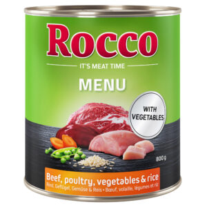 6x800g Vită cu carne de pasăre, legume și orez Rocco Menu hrană câini