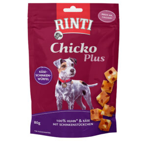 80g Cubulețe cu brânză & șuncă Chicko Plus RINTI Snackuri câini
