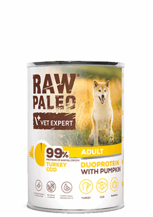 Hrană umedă pentru câini, adult, Raw Paleo Duo Protein, Curcan cu Cod și Dovleac, 400g