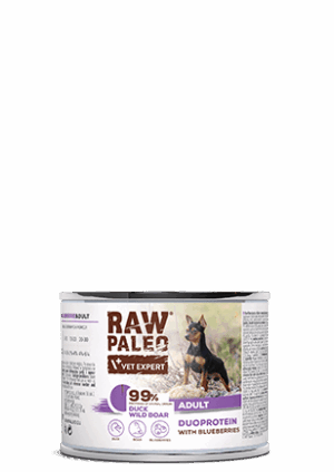 Hrană umedă pentru câini, adult, Raw Paleo Duo Protein, Rață cu Mistreț și Afine, 200g