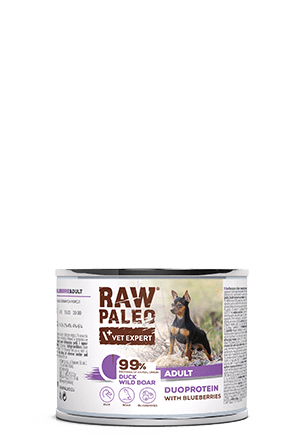 Hrană umedă pentru câini, adult, Raw Paleo Duo Protein, Rață cu Mistreț și Afine, 200g