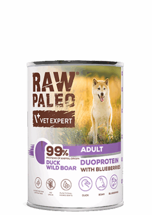 Hrană umedă pentru câini, adult, Raw Paleo Duo Protein, Rață cu Mistreț și Afine, 400g