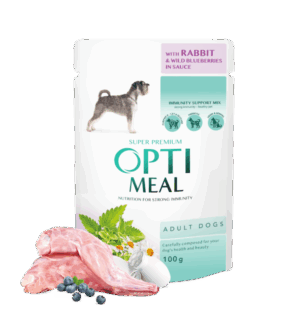 Hrana umeda pentru caini adulti, Super Premium OPTIMEAL, IEPURE ȘI AFINE ÎN SOS, 100g