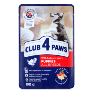 Hrana umeda pentru caini junior, CLUB 4 PAWS Premium, curcan in sos, 100g