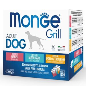 Multipack Monge Grill Chunkies – Hrana umeda super-premium – Vita, Cod si Pui – 12x100g