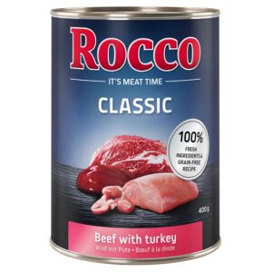 6 x 400g Rocco Classic Hrană umedă câini – Vită și curcan