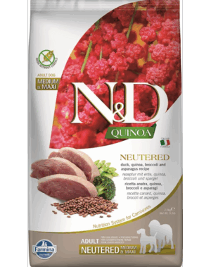 FARMINA N&D Quinoa Dog Neutered Adult Medium/Maxi hrana uscata caini adulti dupa castrare/sterilizare, cu rata, broccoli si sparanghel 2,5 kg