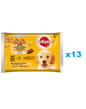 PEDIGREE Junior Set plicuri hrana catei, cu vita si ficat si orez, cu pui si orez, in aspic 52x100g