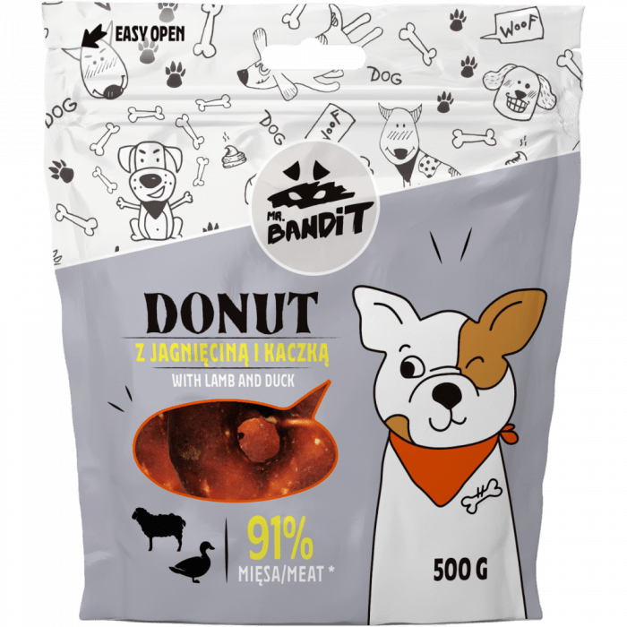 Recompense pentru caini Mr. Bandit Donut, miel si rata, 500g
