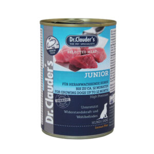 DR. CLAUDER’S Selected Meat Junior, XS-XL, Vită și Pasăre, conservă hrană umedă fără cereale câini junior, (în suc propriu), 400g