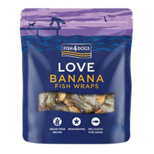 FISH4DOGS Love Snack Dog Wraps, XS-XL, Banana și Piele de Pește, punguță recompense fără cereale câini, deshidratat, 100g