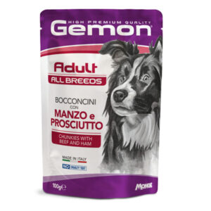 GEMON All Breeds, XS-XL, Vită și Șuncă, plic hrană umedă fără cereale câini, (în aspic), bax, 100g x 24buc