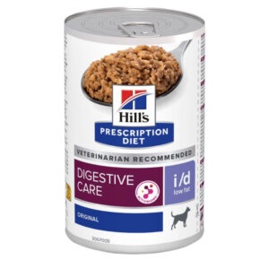 HILL’S Prescription Diet i/d Low Fat, XS-XL, Pui, dietă veterinară, conservă hrană umedă câini, sistem digestiv, obezitate, (pate), 200g