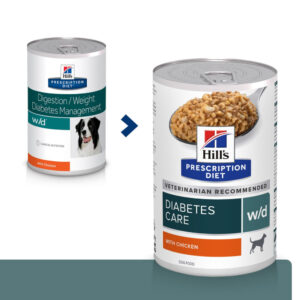 HILL’S Prescription Diet w/d Diabetes Care, Pui, dietă veterinară câini, conservă hrană umedă, metabolism (obezitate si diabet), 370g