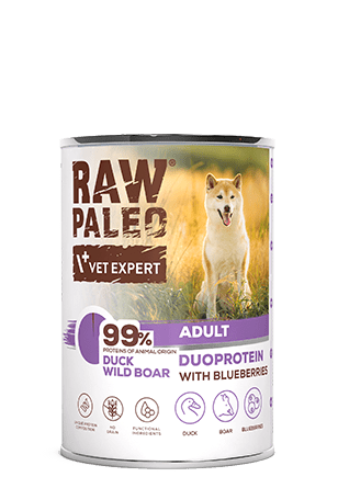 Hrană umedă pentru câini, adult, Raw Paleo Duo Protein, Rață cu Mistreț și Afine, 400g