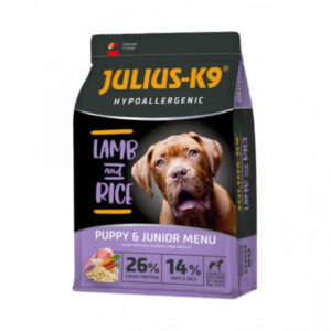 JULIUS-K9 Hypoallergenic Puppy&Junior Menu, XS-XL, Miel și Orez, hrană uscată câini junior, alergii, 3kg