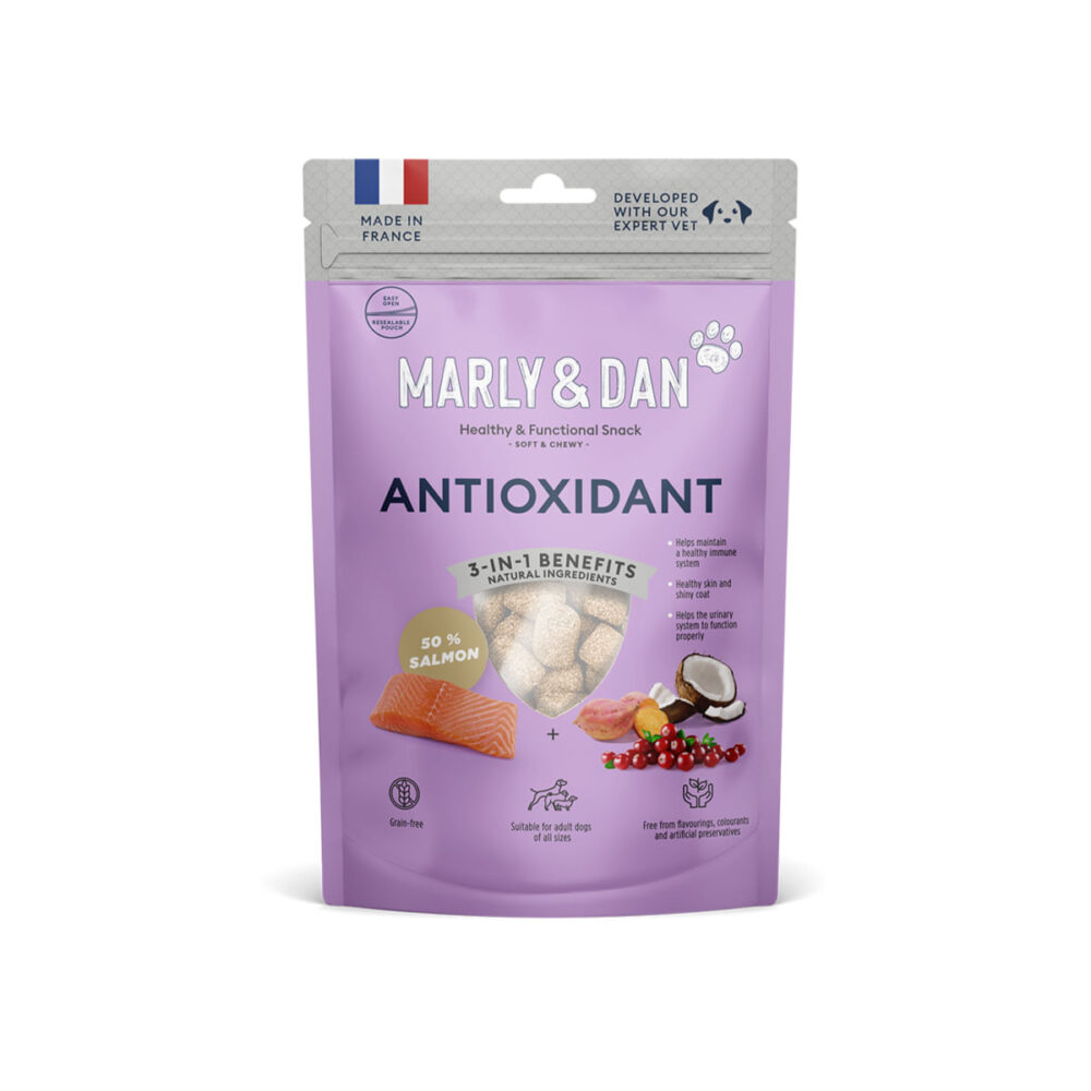 MARLY&DAN Antioxidant, XS-XL, Somon, punguță recompense funcționale fără cereale câini, activitate intensă, 100g