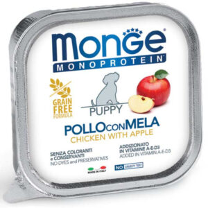 MONGE Monoprotein Puppy&Junior, XS-XL, Pui și Măr, tăviță hrană umedă monoproteică fără cereale câini junior, (pate), 150g