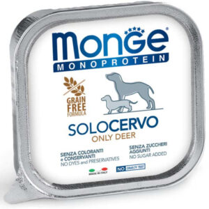 MONGE Monoprotein, XS-XL, Căprioară, tăviță hrană umedă monoproteică fără cereale câini, (pate), bax, 150g x 24buc