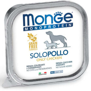 MONGE Monoprotein, XS-XL, Pui, tăviță hrană umedă monoproteică fără cereale câini, (pate), bax, 150g x 24buc