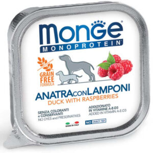 MONGE Monoprotein, XS-XL, Rață și Zmeură, tăviță hrană umedă monoproteică fără cereale câini, (pate), bax, 150g x 24buc