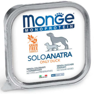 MONGE Monoprotein, XS-XL, Rață, tăviță hrană umedă monoproteică fără cereale câini, (pate), bax, 150g x 24buc