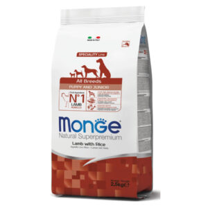 MONGE Natural Superpremium Monoprotein Puppy&Junior, XS-XL, Miel și Orez, hrană uscată câini junior, 2.5kg