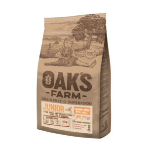 OAK’S FARM Mini Junior, XS-S, Somon, hrană uscată fără cereale câini junior, 6.5kg